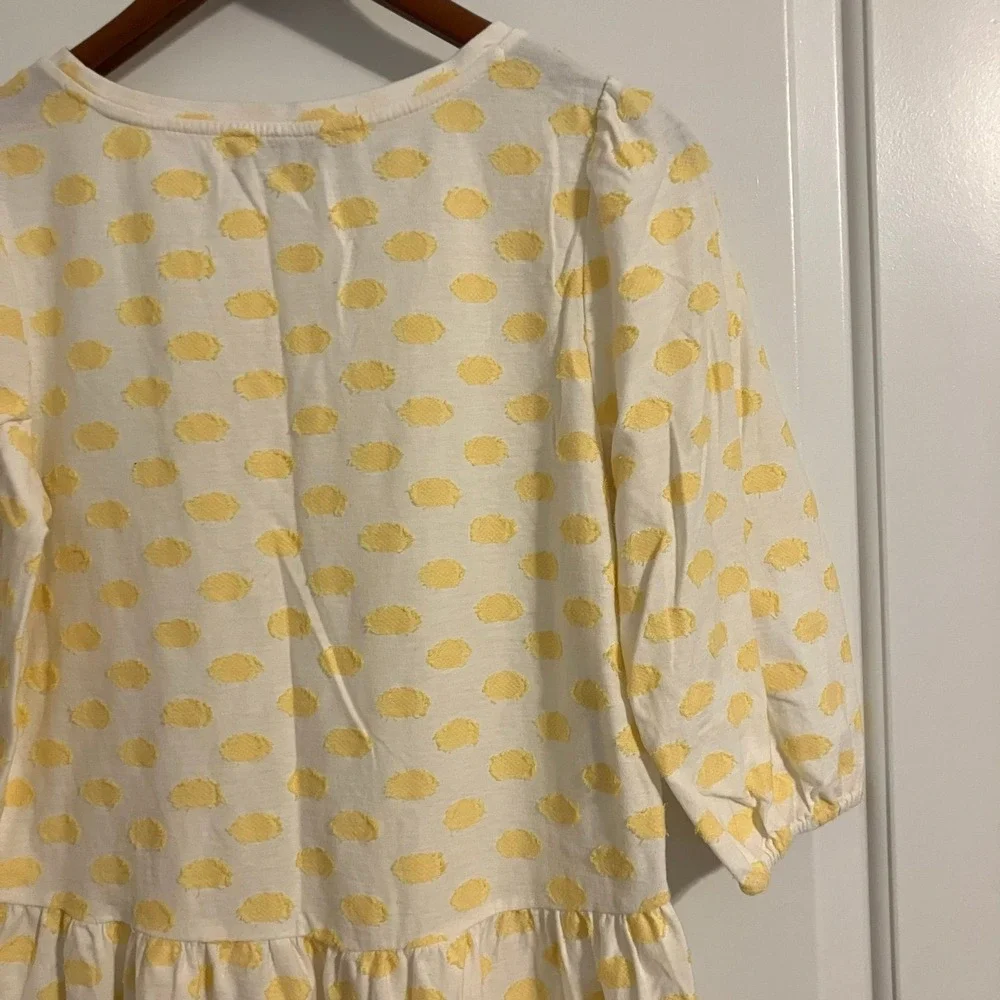 LOFT yellow &‎ white swiss dot peplum blouse with 7/8 puff sleeves women's sz S